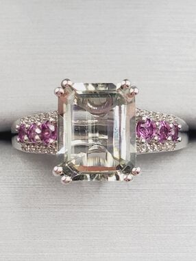 Emerald Cut Montezuma Prasiolite & Pink Tourmaline 925 Sterling Silver Ring